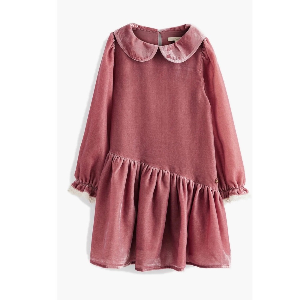 Laura Ashley Kids Pink Velvet Dress Peter Pan Collar Lace Trim Long Sleeve 4Y